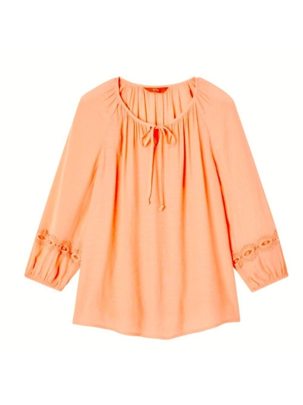 Peach Boho Blouse with Embroidery detail,  pop over w/Front Tie loose Fit sz L